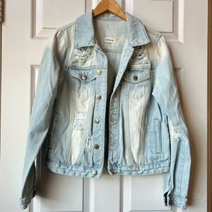 Mono B Light Blue Light Wash Distressed Denim Jean Jacket Size Large